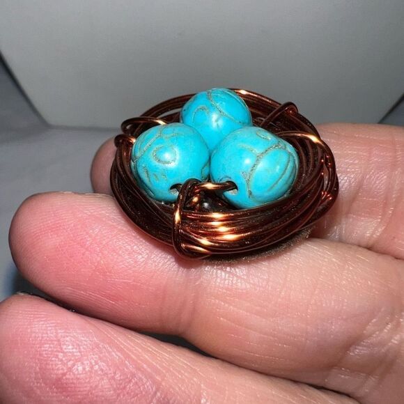 Vintage Copper Wire and Turquoise Bead Bird Nest Brooch - Picture 2 of 7